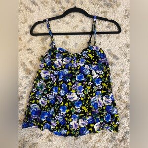 Kirra Womens Spaghetti Strap Top Size M Blue White Floral Tank V Neck